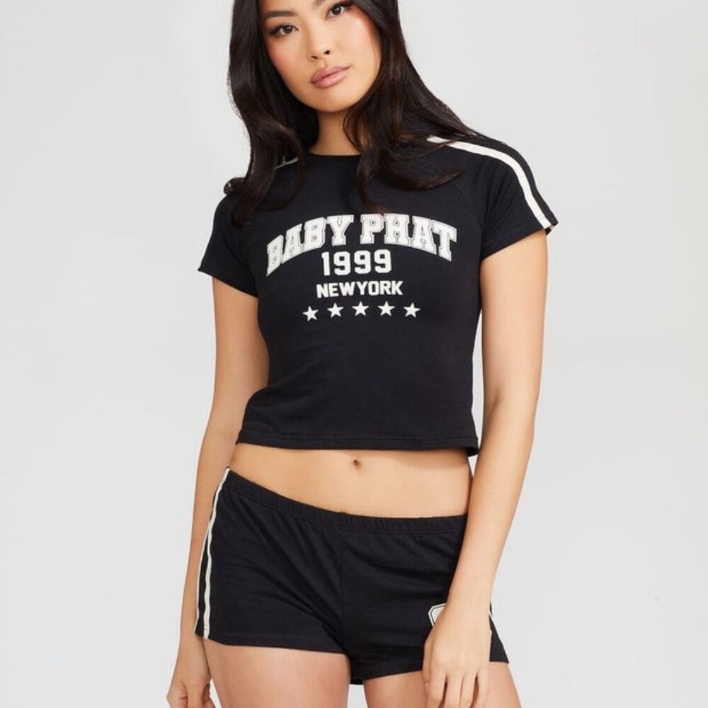 Baby Phat raglan baby tee XS and micro shorts S NWT